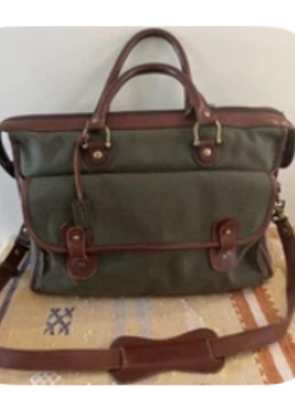 Rare Battenkill Olive Canvas and Brown Leather Briefcase Shoulder or Bag